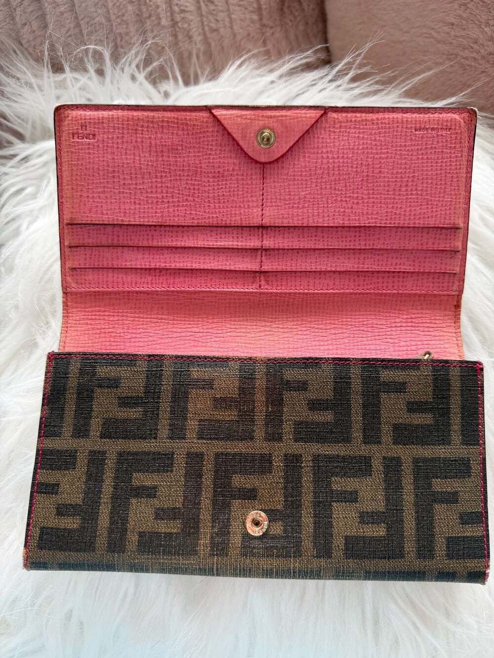 Fendi Vintage Zucca FF Monogram Coated Canvas Long Flap Wallet with Pink Leather - Picture 5 of 10